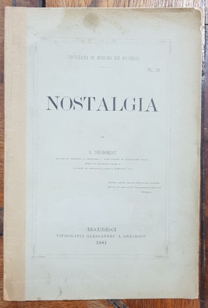 NOSTALGIA de N. THEODORESCU - BUCURESTI, 1881