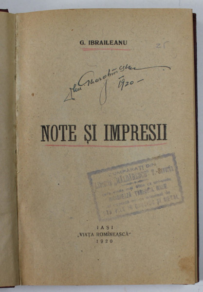 NOTE SI IMPRESII de G. IBRAILEANU , 1920, MICI SUBLINIERI