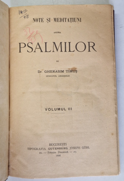 NOTE SI MEDITATIUNI ASUPRA PSALMILOR de GHERASIM TIMUS, VOLUMUL III  1896