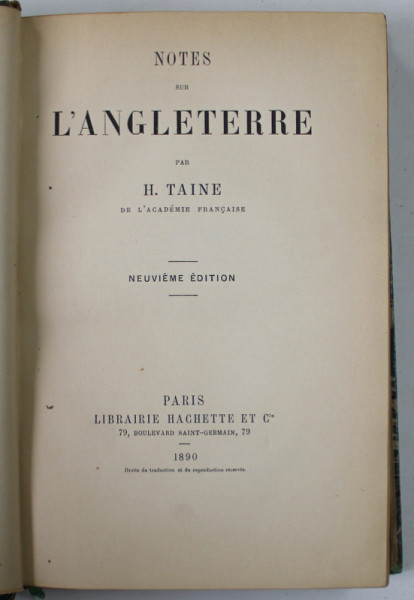 NOTES SUR L 'ANGLETERRE par H. TAINE , 1890