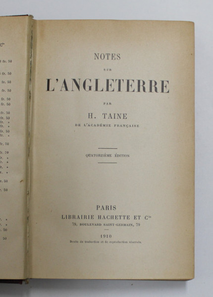 NOTES SUR L 'ANGLETERRE par H. TAINE , 1910