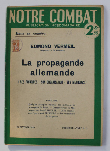 NOTRE COMBAT - PUBLICATION HEBDOMADAIRE , NO. 4 , 13 OCTOBRE 1939