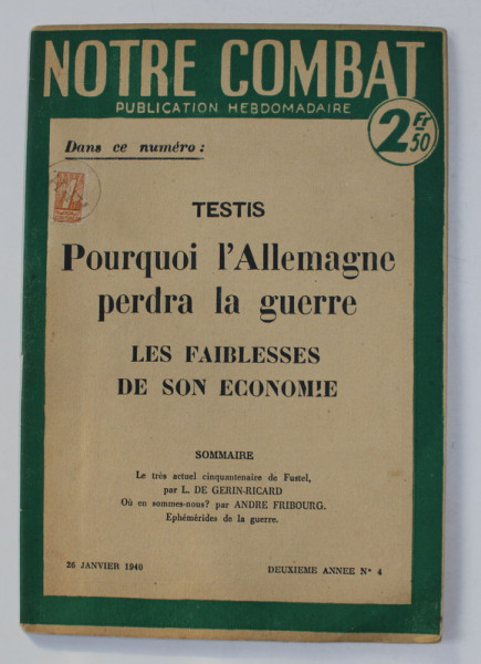 NOTRE COMBAT - PUBLICATION HEBDOMADAIRE , NO. 4 - 26 JANVIER 1940