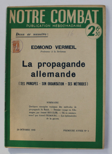 NOTRE COMBAT - PUBLICATION HEBDOMADAIRE , NO. 5,  26 OCTOBRE , 1939