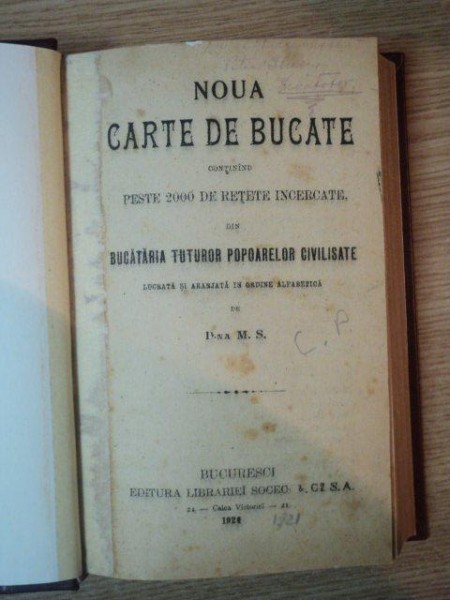 NOUA CARTE DE BUCATE, DOAMNA  L.I.S., BUCURESTI 1908