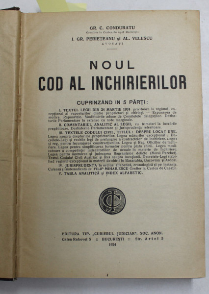 NOUL COD AL INCHIRIERILOR de GR. C. CONDURATU , I. GR. PERIETEANU si AL. VELESCU , 1924