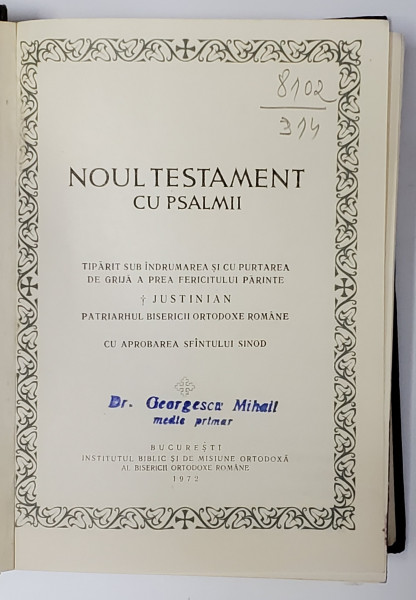 Noul Testament cu Psalmii , 1972 , dedicatie