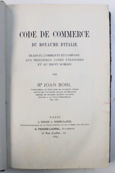 NOUVEAU CODE DE COMMERCE DU ROYAUME D'ITALIE par JOAN BOHL, 1884