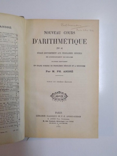 NOUVEAU COURS D'ARITHMETIQUE (NR 4) par M. PH. ANDRE, VINGT ET UNIEME EDITION, PARIS 1900