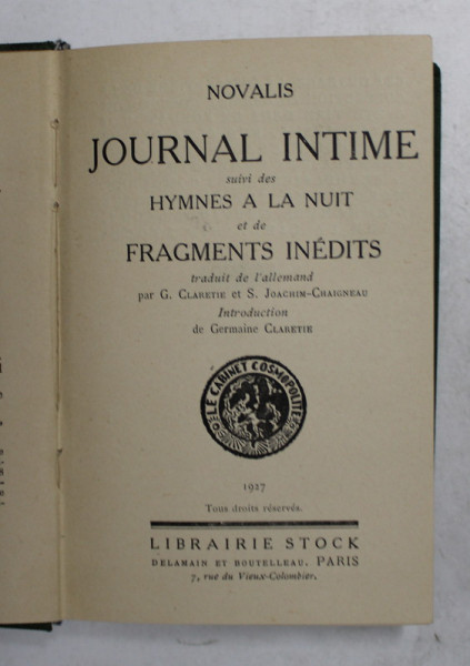 NOVALIS - JOURNAL INTIME , HYMNES A LA NUIT , FRAGMENTS INEDITS , 1927 , EXEMPLAR 2429 DIN 2709 *