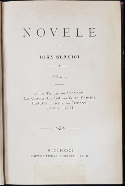 NOVELE de IOAN SLAVICI, VOL. I - BUCURESTI, 1892