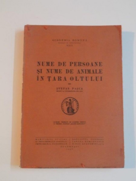 NUME DE PERSOANE SI NUME DE ANIMALE IN TARA OLTULUI de STEFAN PASCA , 1936