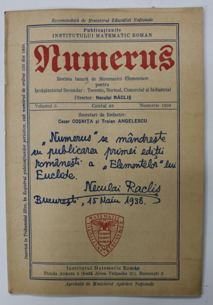 NUMERUS , REVISTA LUNARA DE MATEMATICI ELEMENTARE PENTRU INVATAMANTUL SECUNDAR , VOLUMUL 5 , CAIETUL 49 , NOIEMBRIE,   1939