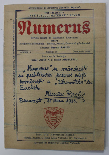 NUMERUS , REVISTA LUNARA DE MATEMATICI ELEMENTARE PENTRU INVATAMANTUL SECUNDAR , VOLUMUL 5 , CAIETUL 50  , DECEMBRIE  , 1939