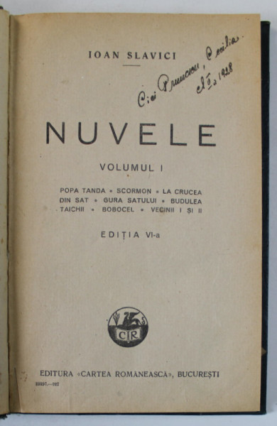 NUVELE de IOAN SLAVICI , VOLUMUL I , 1927