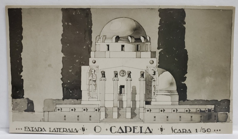O CAPELA , FATADA LATERALA , PROIECT DE ARHITECTURA , FOTOREPRODUCERE , INTERBELICA