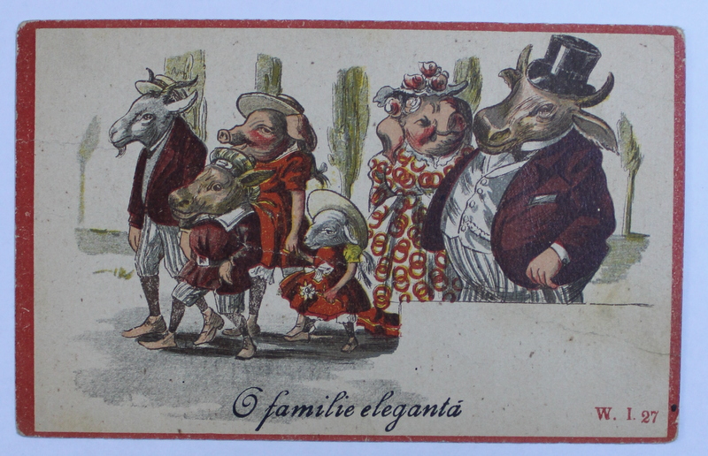 ' O FAMILIE ELEGANTA '  - CARICATURA CU ANIMALE , CARTE POSTALA ILUSTRATA , POLICROMA , NECIRCULATA , CLASICA