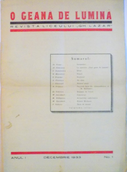O GEANA DE LUMINA, REVISTA LICEULUI GH. LAZAR, ANUL I, NO. 1, DECEMBRIE 1933