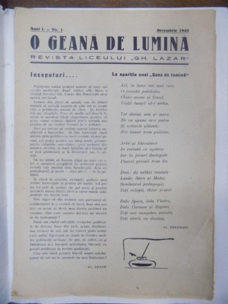 O Geana de lumina , Revista liceului Gh. Lazar, Anul I , Nr. 1 Decembrie 1933