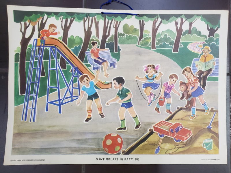 O INTAMPLARE IN PARC ( II ) , grafica de GHEORGHE CERNAIANU , PLANSA DIDACTICA NR. 23 , ANII '70