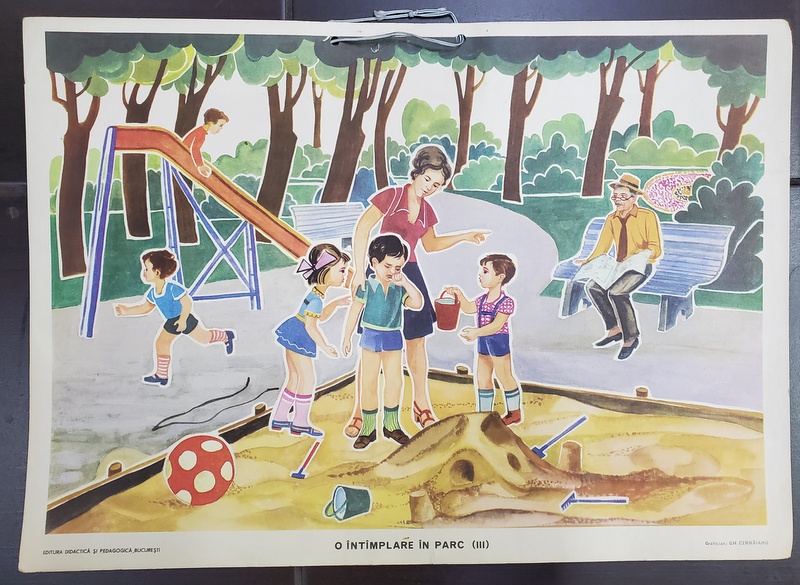 O INTAMPLARE IN PARC ( III ) , grafica de GHEORGHE CERNAIANU , PLANSA DIDACTICA NR. 18 , ANII '70
