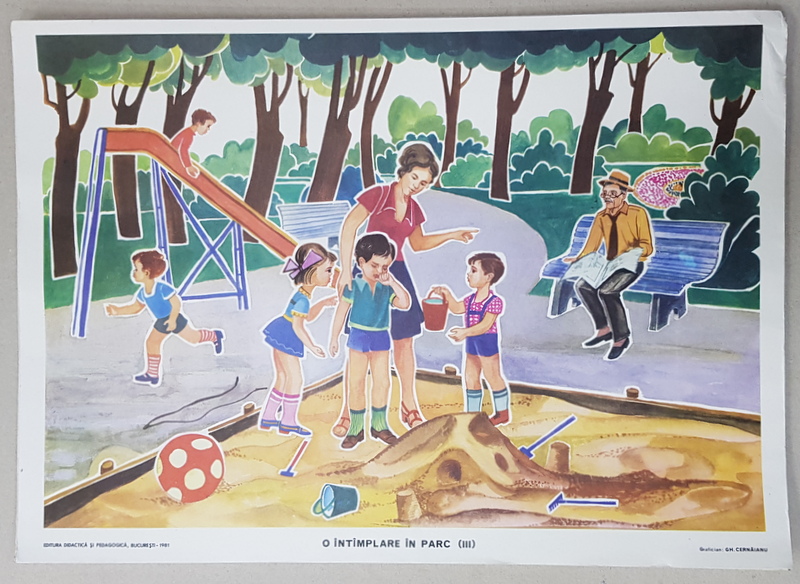 O INTAMPLARE IN PARC III  , PLANSA DIDACTICA , grafica de GH. CERNAIANU , 1981