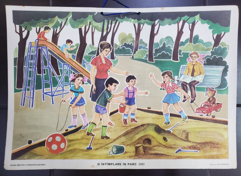 O  INTAMPLARE IN PARC   ( IV )  , grafica de GHEORGHE CERNAIANU , PLANSA DIDACTICA NR. 16, ANII '70