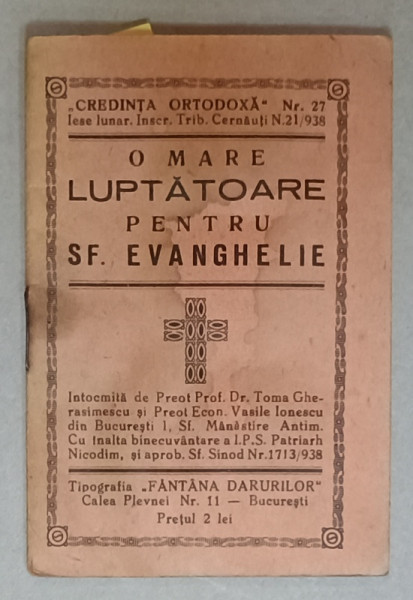 O MARE LUPTATOARE PENTRU SF. EVANGHELIE  de  TOMA GHERASIMESCU si VASILE IONESCU , 1938