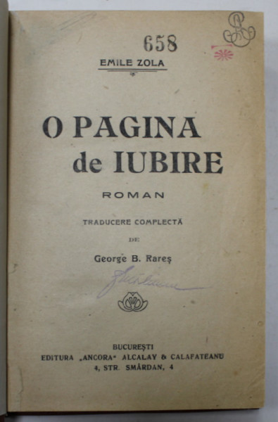 O PAGINA DE IUBIRE , roman de EMILE ZOLA , EDITIE INTERBELICA