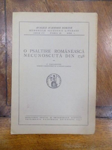 O psaltire romaneasca necunoscuta din 1748, Bucuresti 1942