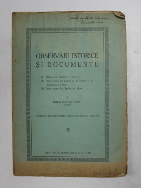 OBSERVARI ISTORICE SI DOCUMENTE de MIHAI COSTACHESCU , 1927