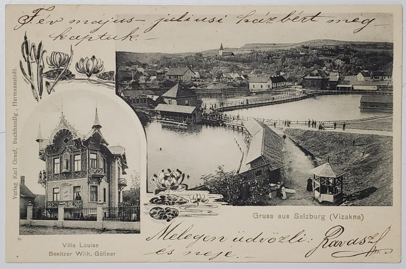 OCNA SIBIULUI , VILA LOUISE A LUI WILH. GOLLNER SI VEDEREA BAZINELOR , FOTOMONTAJ , CARTE POSTALA , CLASICA
