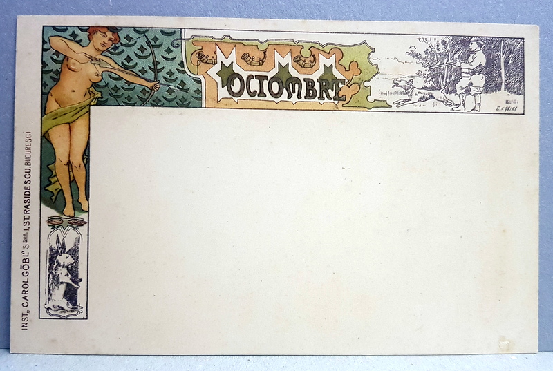 CARTE POSTALA CLASICA , 1894 - 1905 , ART NOUVEAU , LUNA OCTOMBRIE    - ALEGORIE CU FATA CU ARC , IEPURE SI VANATOR   , DESEN DE E.N. GHIKA , INST. CAROL GOBL , CROMOLITOGRAFIE , NECIRCULATA , CLASICA