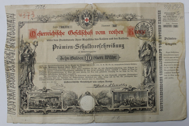 OESTERREICHEISCHE GESELLSCHAFT VOM ROTHEN KREUZE , TITLU DE 10 GULDENI , EMIS 1882