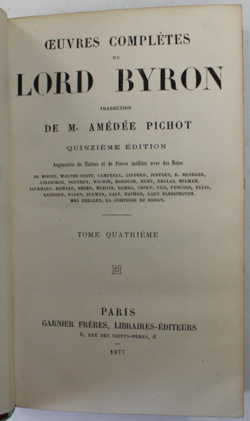 OEUVRE COMPLETES DE LORD BYRON , TOME QUATRIEME 1877