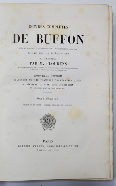OEUVRES COMPLETES DE BUFFON, VOL . 1, ANIMALELE - PARIS, 1853