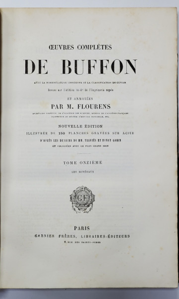 OEUVRES COMPLETES DE BUFFON, VOL . 11, MINERALELE - PARIS, 1853