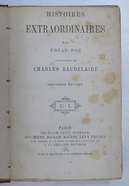 OEUVRES COMPLETES DE CHARLES BAUDELAIRE  - TOME V - HISTOIRES EXTRAORDINAIRES par EDGAR POE , traduction de CH. BAUDELIARE , 1878