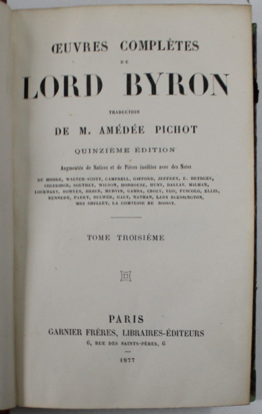 OEUVRES COMPLETES de LORD BYRON , TOME TROISIEME , 1877