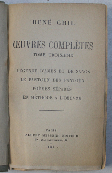 OEUVRES COMPLETES  - TOME TROISIEME par RENE GHIL , 1938