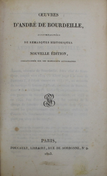 OEUVRES D 'ANDRE DE BOURDEILLE , 1823 , PREZINTA PETE SI URME DE UZURA
