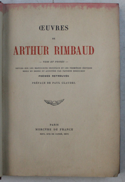 OEUVRES DE ARTHUR RIMBAUD , VERS ET PROSE , EDITIE INTERBELICA