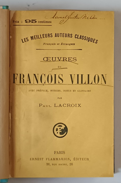 OEUVRES DE FRANCOIS  VILLON , par PAUL LACROIX , INTERBELICA