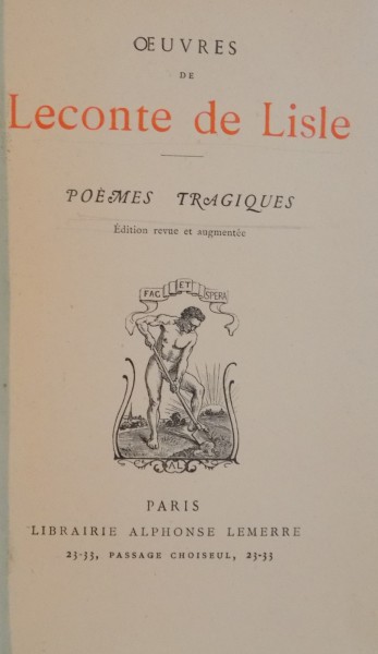 OEUVRES DE LECONTE DE LISLE. POEMES TRAGIQUE, PARIS