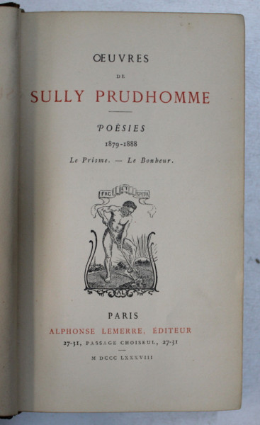 OEUVRES de SULLY PRUDHOMME - POESIES 1879 - 1888 , 1888