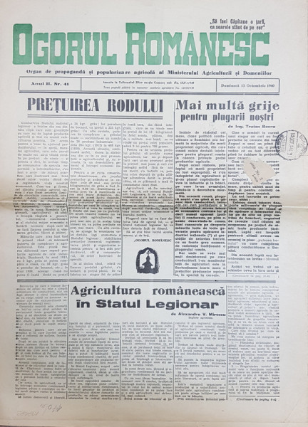 'OGORUL ROMANESC', Anul II, NR. 41, DUMINICA 13 Octombrie 1940