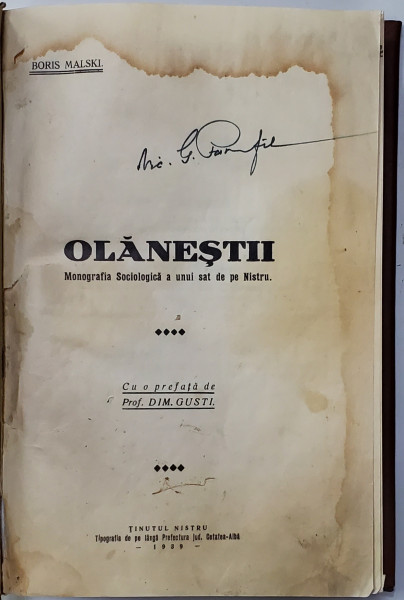 OLANESTII, Monografia Sociologica a unui sat de pe Nispru de Boris Malski - Cetatea Alba, 1939