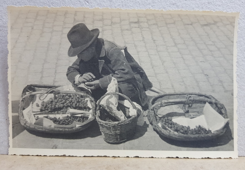 OLTEAN , VANZATOR DE FRUCTE , CU COSURI SI COBILITA  ASEZATE PE TROTUAR , FOTOGRAFIE TIP CARTE POSTALA , STUDIO KLEIN , BRAILA , MONOCROMA, NECIRCULATA , PERIOADA INTERBELICA