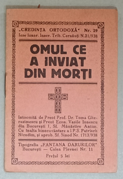 OMUL CE A INVIAT DIN MORTI de TOMA GHERASIMESCU si VASILE IONESCU , 1938