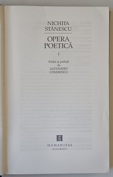 OPERA POETICA , VOLUMUL I de NICHITA STANESCU , 1999 * PREZINTA PETE PE BLOCUL DE FILE SI URME DE UZURA
